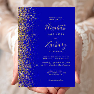 Invitación Boda moderna con borde de purpurina dorada y azul 