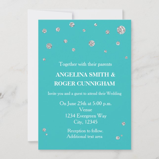 Invitación Boda moderna con brillo turquesa teal plateado (Anverso)