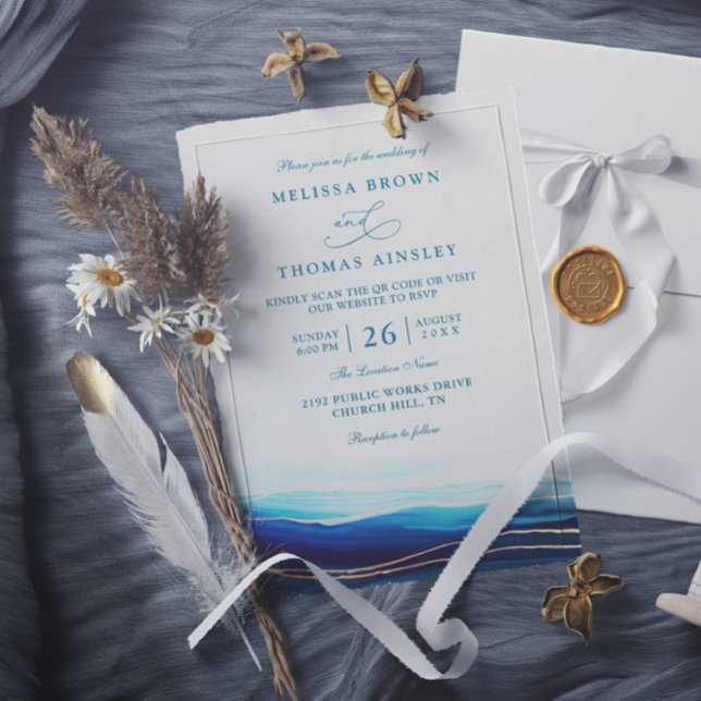 Invitación Boda moderna con código QR del océano dorado azul  (Subido por el creador)