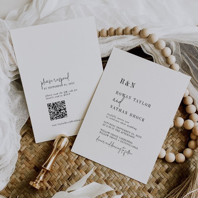 Invitación Boda Moderna con Código QR Monograma Negro y Blanc (Subido por el creador)