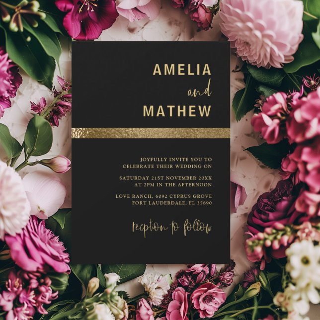 Invitación Boda moderna con dorado falso metálico y negro  (Subido por el creador)