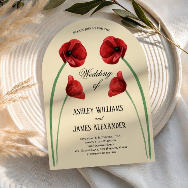 Invitación Boda moderna con flores arqueadas de amapola roja (Subido por el creador)