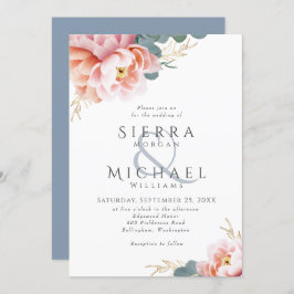 Invitación Boda Moderna con Flores Azules Polvorientas y Rosa