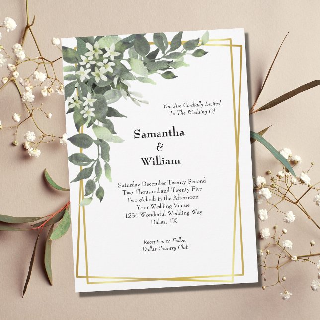 Invitación Boda moderna con flores blancas verdes marco dorad (Subido por el creador)