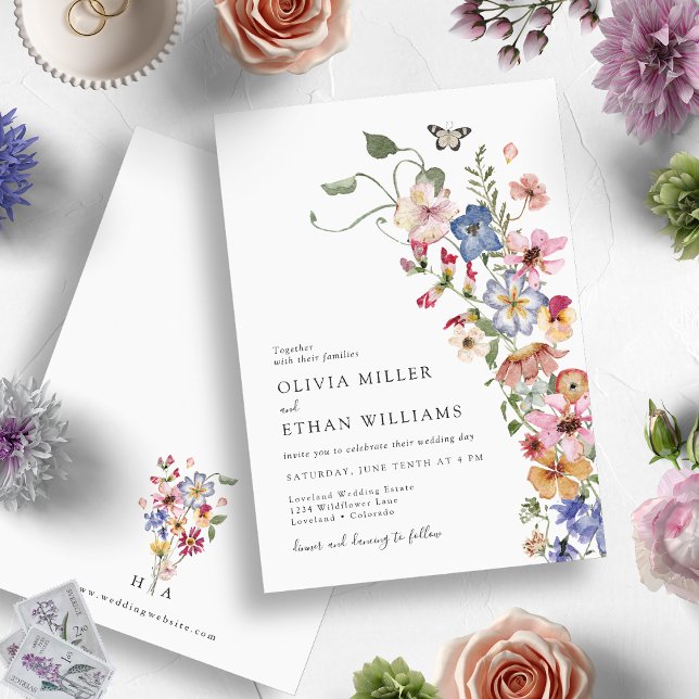 Invitación Boda moderna con flores silvestres (Elegant Monogrammed Watercolor Wildflower Wedding Invitation by Painted Paperie)