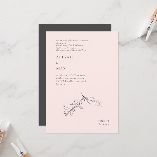 Invitación Boda moderna con follaje a lápiz rosa y gris (Anverso/Reverso In Situ)