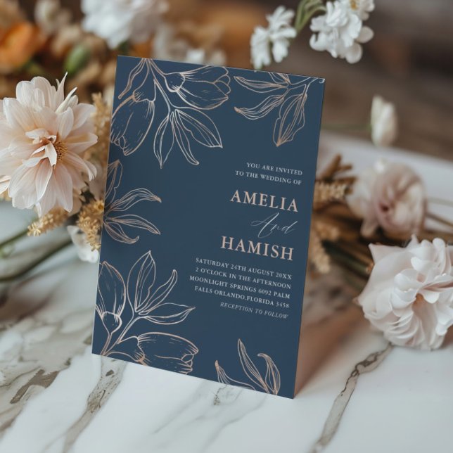 Invitación Boda moderna con follaje azul y rosa oro (Subido por el creador)