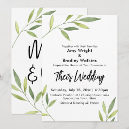 Invitación Boda moderna con follaje de acuarela verde
