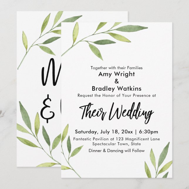 Invitación Boda moderna con follaje de acuarela verde (Anverso / Reverso)