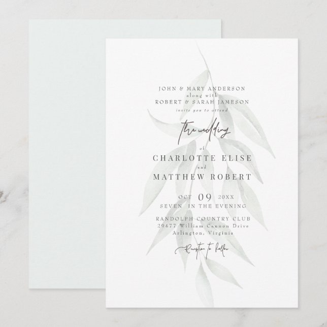 Invitación Boda moderna con follaje silenciado de Light Sage (Anverso / Reverso)