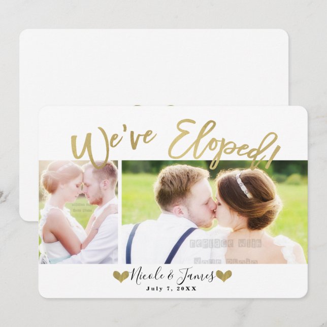 Invitación Boda moderna con foto dorada de compromiso y boda (Anverso / Reverso)