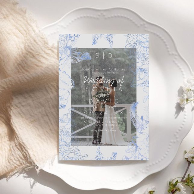 Invitación Boda moderna con foto floral azul (Subido por el creador)