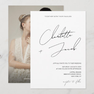 Invitación Boda moderna con foto y letra minimalista en blanc