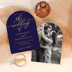 Invitación Boda moderna con guión azul marino y dorado