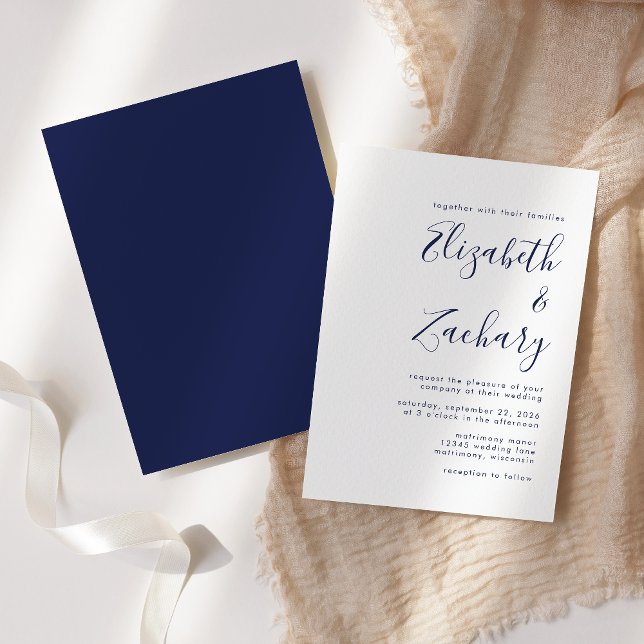 Invitación Boda moderna con guión azul naval (Subido por el creador)