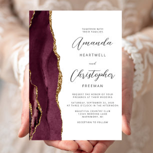 Invitación Boda moderna con guión de ágata dorada de Borgoña