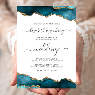 Invitación Boda moderna con guión de ágata dorada y azul teal