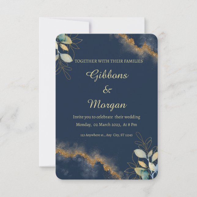 Invitación Boda moderna con lavado de acuarela dorada azul os (Anverso)