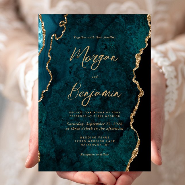 Invitación Boda Moderna con Letra de Ágata Azul Verde Turques (Subido por el creador)