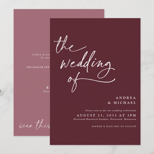 Invitación Boda moderna con letra manuscrita de Burdeos / Mer (Anverso / Reverso)