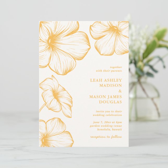 Invitación Boda moderna con manteca amarilla floral elegante  (Anverso de pie)