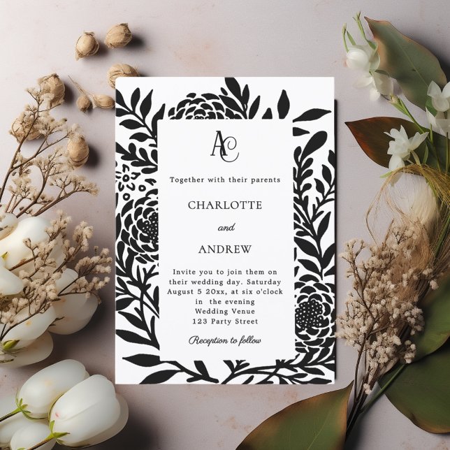 Invitación Boda moderna con monograma botánico blanco y negro (Subido por el creador)