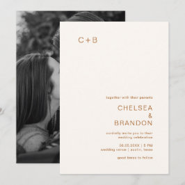 Invitación Boda moderna con monograma de cobre marfil