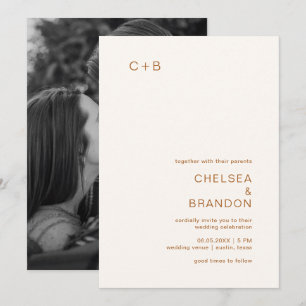 Invitación Boda moderna con monograma de cobre marfil