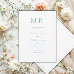 Invitación Boda moderna con monograma en azul turquesa elegan