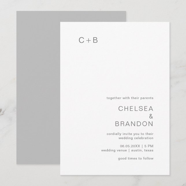 Invitación Boda moderna con monograma gris (Anverso / Reverso)