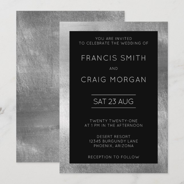 Invitación Boda moderna con negro y falso papel de aluminio p (Anverso / Reverso)