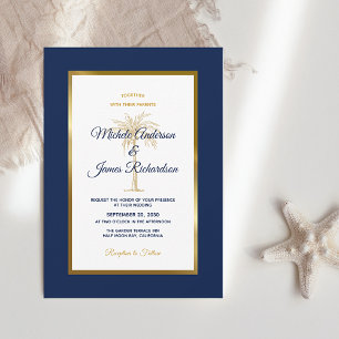 Invitación Boda moderna con palma tropical azul naval y dorad
