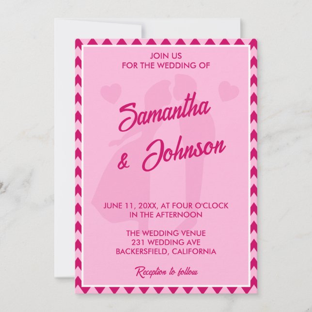 Invitación Boda Moderna con Raya de Chevron Rosa Rosado (Anverso)