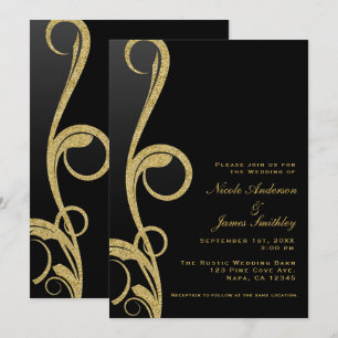 Invitación Boda Moderna con Remolino Elegante de Negro y Dora