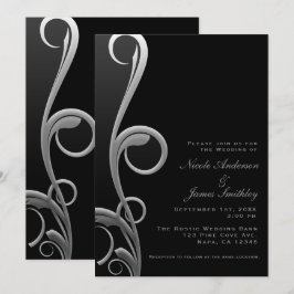 Invitación Boda Moderna con Remolino Elegante Negro y Platead