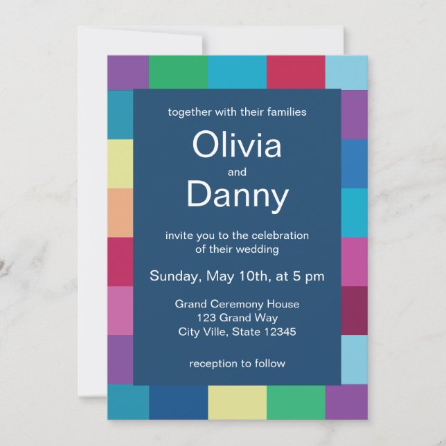 Invitación Boda moderna con tablero de ajedrez colorido (Anverso)