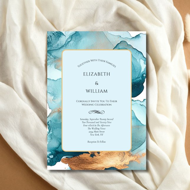 Invitación Boda moderna con tinta al alcohol de acuarela dora (Teal Blue Gold Watercolor Wash Alcohol Ink Modern Elegant Wedding Invitation. Printed or Digital )