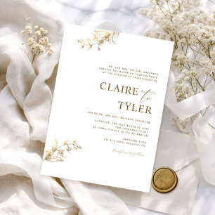 Invitación Boda moderna con tipografía formal, blanca y dorad