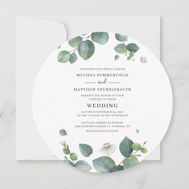 Invitación Boda moderna con vegetación de eucalipto (Anverso)