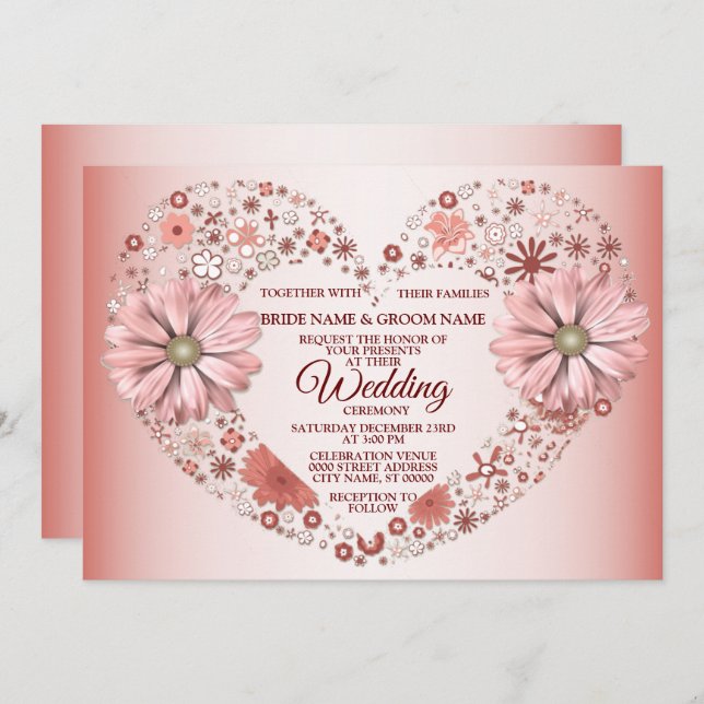 Invitación Boda moderna corazón floral melocotón (Anverso / Reverso)