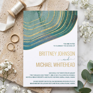 Invitación Boda moderna costera con geoda de ágata teal y hoj