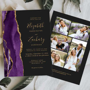 Invitación Boda moderna de 5 fotos con ágata púrpura y dorada