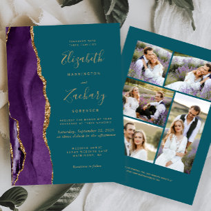 Invitación Boda Moderna de 5 Fotos con Ágata Purpura y Dorado