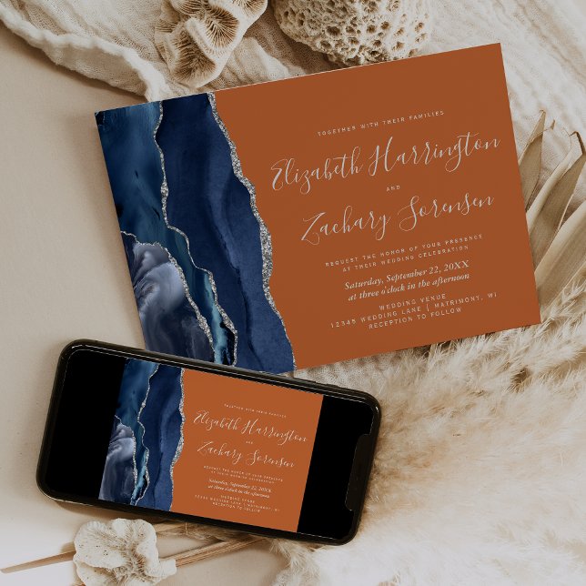 Invitación Boda Moderna de Ágata Azul Marino y Plata (Subido por el creador)