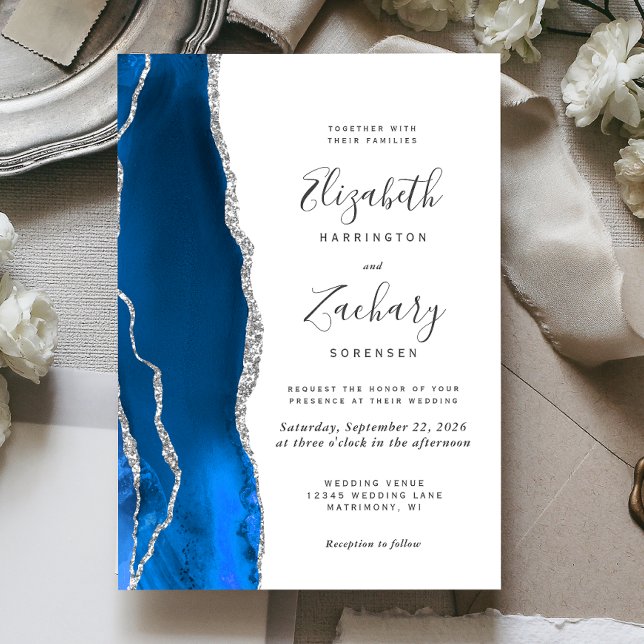 Invitación Boda Moderna de Ágata Azul Real y Plata (Subido por el creador)