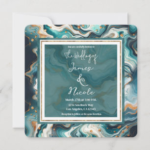 Invitación Boda Moderna de Ágata de Mármol Azul Teal Blanco O