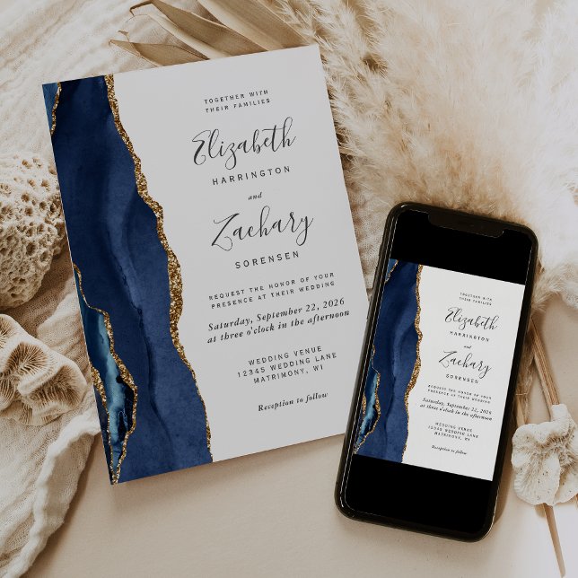 Invitación Boda Moderna de Ágata Dorada Azul Marina (Subido por el creador)