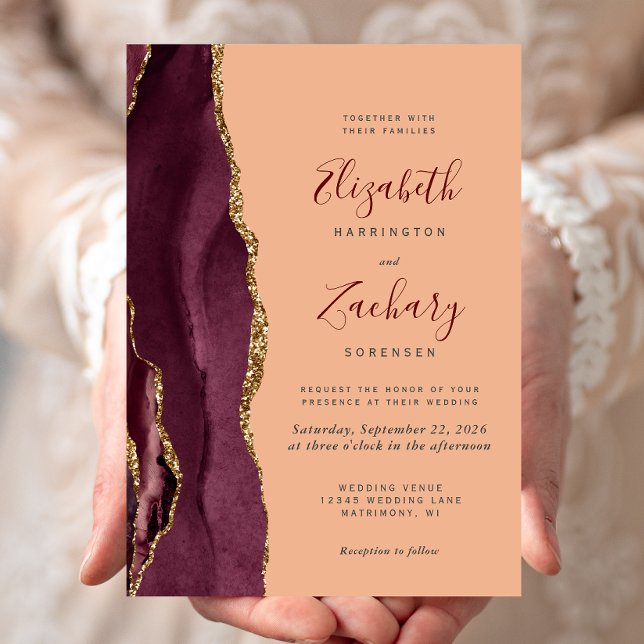 Invitación Boda Moderna de Ágata Dorada de Borgoña y Melocotó (Subido por el creador)