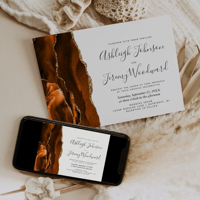Invitación Boda Moderna de Ágata Dorada Naranja Quemada (Subido por el creador)