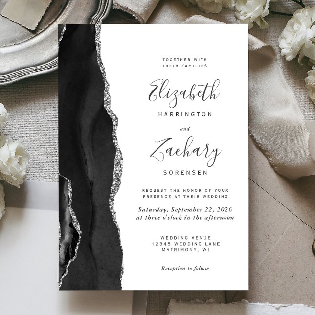 Invitación Boda Moderna de Ágata Negra Plateada (Subido por el creador)